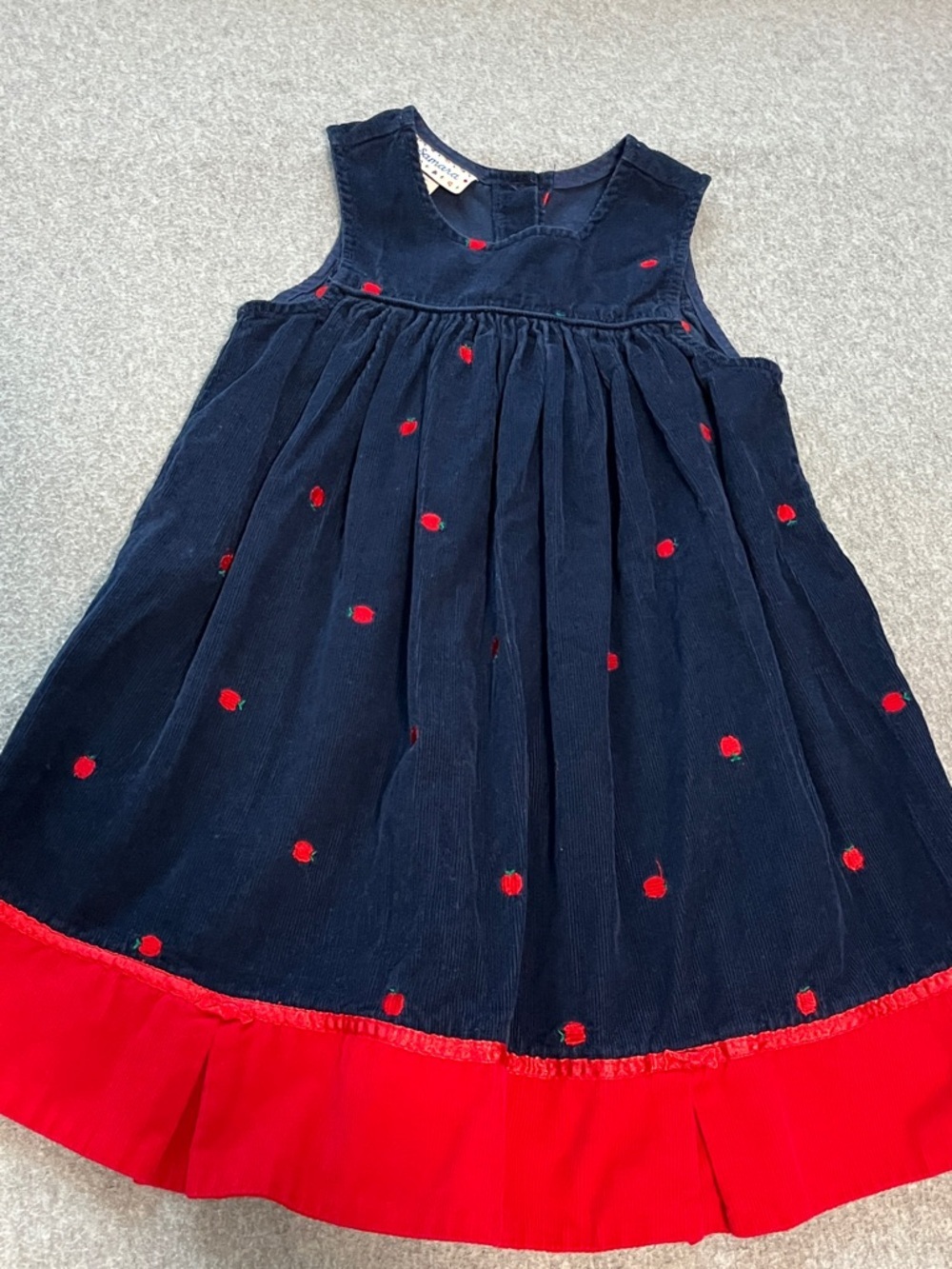 Vintage Girls Corduroy Jumper Dress Size 6 Apples Blue Red Cottagecore Summer